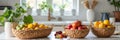 Vibrant kitchen interior featuring baskets of fresh apples, lemons, and plums on a sunlit counter Royalty Free Stock Photo