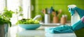 The vibrant kitchen scene featuring a cleaning routine with fresh ingredients. AI generated image Royalty Free Stock Photo
