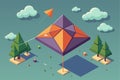 A vibrant kite soars above trees and geometric forms in a peaceful outdoor setting Flying kite Customizable Isometric Illustration Royalty Free Stock Photo