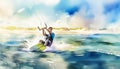 A vibrant kite surfer glides on blue waves, under a sunny sky with a beach backdrop Royalty Free Stock Photo