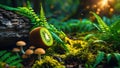 Halved Kiwi Fruit on Mossy Forest Floor with Mushrooms Royalty Free Stock Photo