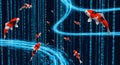 Koi Fish Swimming in Digital Binary Code Data Stream Royalty Free Stock Photo