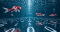 Koi fish swim through a digital ocean of binary code, futuristic data stream Royalty Free Stock Photo