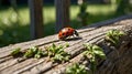 Ladybug Exploring on Weathered Wood with Young Green Sprouts Royalty Free Stock Photo