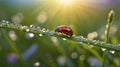 Ladybug resting on dewy grass blade in early morning sunlight macro photo Royalty Free Stock Photo