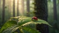 Ladybug Resting on Dewy Green Leaf in Forest with Soft Morning Sunlight Royalty Free Stock Photo
