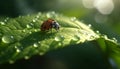 Vibrant ladybug spotted on dewy green leaf in summer meadow generated by AI Royalty Free Stock Photo