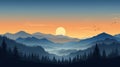 Serene Sunrise: A Hazy Landscape Illustration Of Mountains And Forests