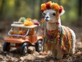 Llama with sombrero pulls mini cart