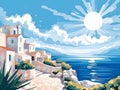 Vibrant landscapes of the Mediterranean coast, depicting white-washed village - generative AI