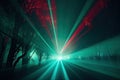 Vibrant laser beams slicing through a dense fog and creating an enchanting and mysterious ambiance