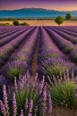 Lavender Fields in Provence at Sunset with Mountain Backdrop and Golden Light Royalty Free Stock Photo