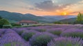 Vibrant lavender fields at sunset with rural farmhouse in hazy summer twilight, wide angle view