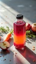 Vibrant layered juice featuring carrot, apple, and dragon fruit on sunlit table Royalty Free Stock Photo
