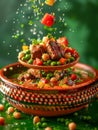 Vibrant Levantine Stew with Juicy Beef, Chickpeas, Peas, and Fresh Herbs in Traditional Earthenware Under a Shower of Chopped