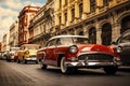 A vibrant line of vintage automobiles parked along a urban thoroughfare., Old vintage cars on a historic city street, AI Generated