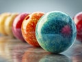 A vibrant lineup of glossy bowling balls featuring various colors and swirling patterns resting on a polished surface with a soft Royalty Free Stock Photo