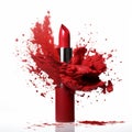 Vibrant Lipstick Art: Splattered Red Paint And Sparkling Monochromatic Depth