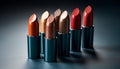 Vibrant lipstick set in a row, a beauty collection making glamour generated by AI