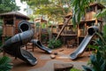 A vibrant and lively childrens play area featuring a central slide for endless fun and laughter, A multi-level playground with