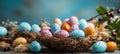 Vibrant and lively colorful easter eggs in basket, festive table decorations for easter celebrations