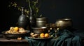 A still life with a plate of food and wine glasses