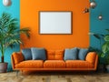 Interior design with orange and blue walls, orange couch, and green plants Royalty Free Stock Photo