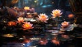 A vibrant lotus flower floats on a tranquil pond surface generated by AI Royalty Free Stock Photo
