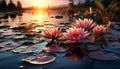 A vibrant lotus flower floats on tranquil pond water generated by AI Royalty Free Stock Photo