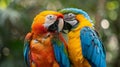 Vibrant macaw parrots flutter in harmony amidst the lush greenery of Brazil\'s Pantanal wetlands