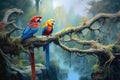 vibrant macaw parrots perched on a jungle branch