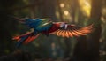 Vibrant macaw perched on branch in forest generated by AI