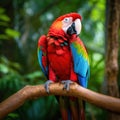 A vibrant macaw perched on a branch in its lush rainforest habitat