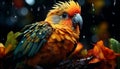 Vibrant macaw perched on branch in tropical rainforest generated by AI
