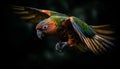 Vibrant macaw perching on branch in forest generated by AI