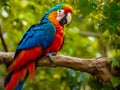 Vibrant macaw perching sits on a branch showcasing beauty in nature generated by artificial intelligence