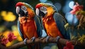 Vibrant macaw perching on branch, showcasing nature colorful beauty generated by AI