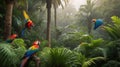 Scarlet Macaws in the Lush Rainforest Canopy, a vibrant Tropical Bird Paradise Royalty Free Stock Photo
