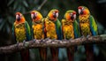 Vibrant macaws perched on branch showcase natural beauty in rainforest generated by AI Royalty Free Stock Photo