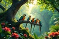 Vibrant macaws perched on a lush tropical tree branch in a sun-dappled forest. Generative AI Royalty Free Stock Photo