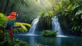 Scarlet Macaw Paradise: Tropical Rainforest Waterfall with Vibrant Birds in Lush Greenery Royalty Free Stock Photo