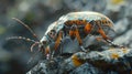 Vibrant macro beetle on textured surface, detailed shell and legs in flach style