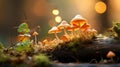 Vibrant macro mushrooms surrounded by enchanted forest scenery with ample copy space