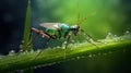 Vibrant Macro Photography Of A Green Aphid On Dewy Grass