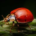 Vibrant macro shot of an Asian lady beetle on a green leaf.