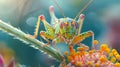 Vibrant macro shot of cricket on grass, showcasing intricate antennae and powerful hind legs