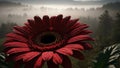 Deep Red Gerbera Daisy with Morning Dew against Misty Forest Backdrop Royalty Free Stock Photo