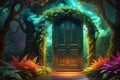 vibrant magical door, glowing neon mists swirling around enchanted smoke patterns, door ajar, revealing mysteries