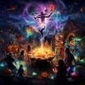 Vibrant and Magical Halloween-Themed Party Scene with Bubbling Cauldron and Diverse Costumed Party-Goers