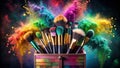 Vibrant makeup brushes exploding in a rainbow of colorful powder, a festive display of cosmetic tools in a stylish case. Royalty Free Stock Photo